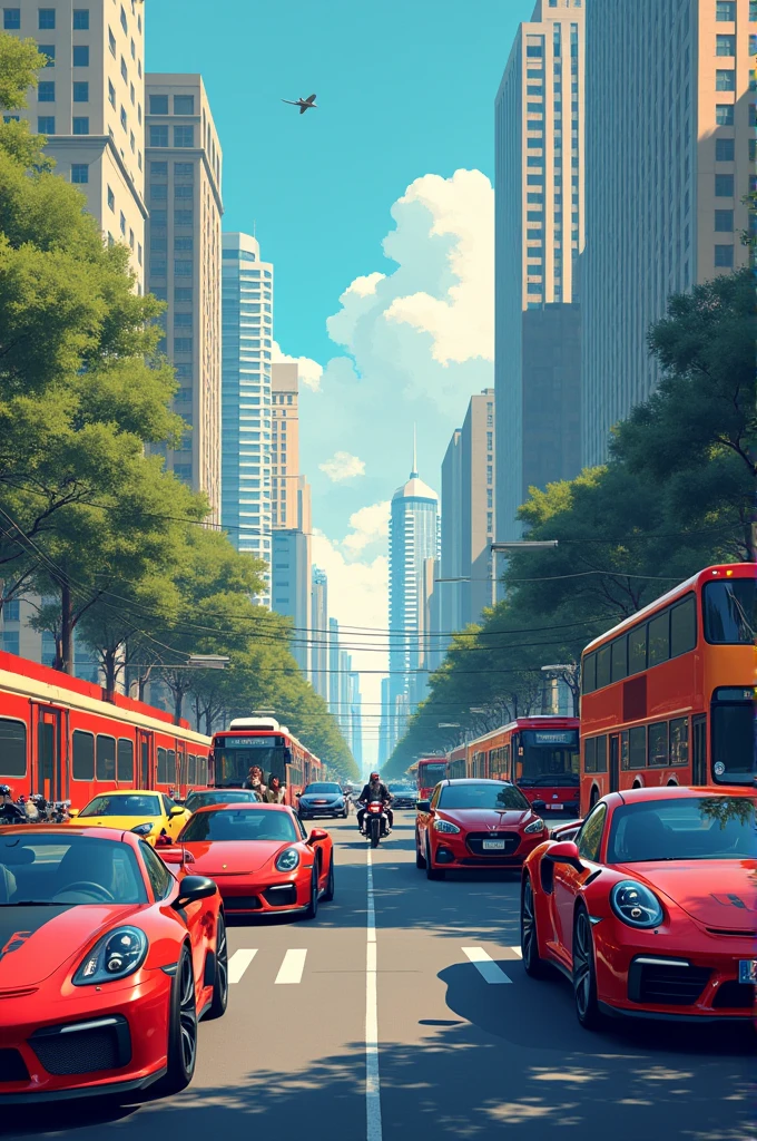 Help me create an image that contains cars, motorcycles, and care signs (transit) for awareness-raising propaganda