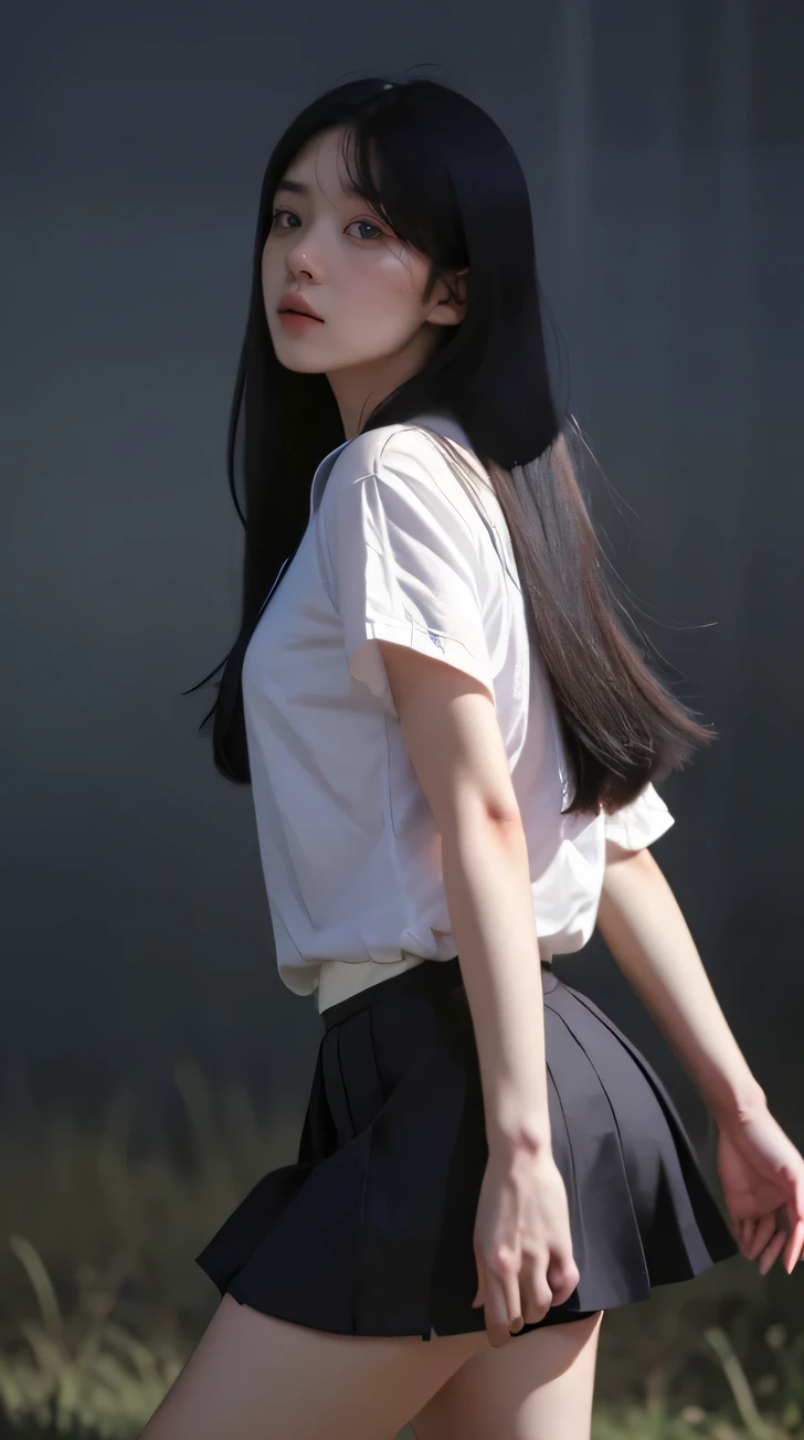 Best quality, masterpiece, ultra high res, (photorealistic:1.4), raw photo,(slender legs)(beautiful hands)(perfect body shape),dynamic pose,1girl,solo, school uniform, in the dark, deep shadow, low key, cold light 12000K