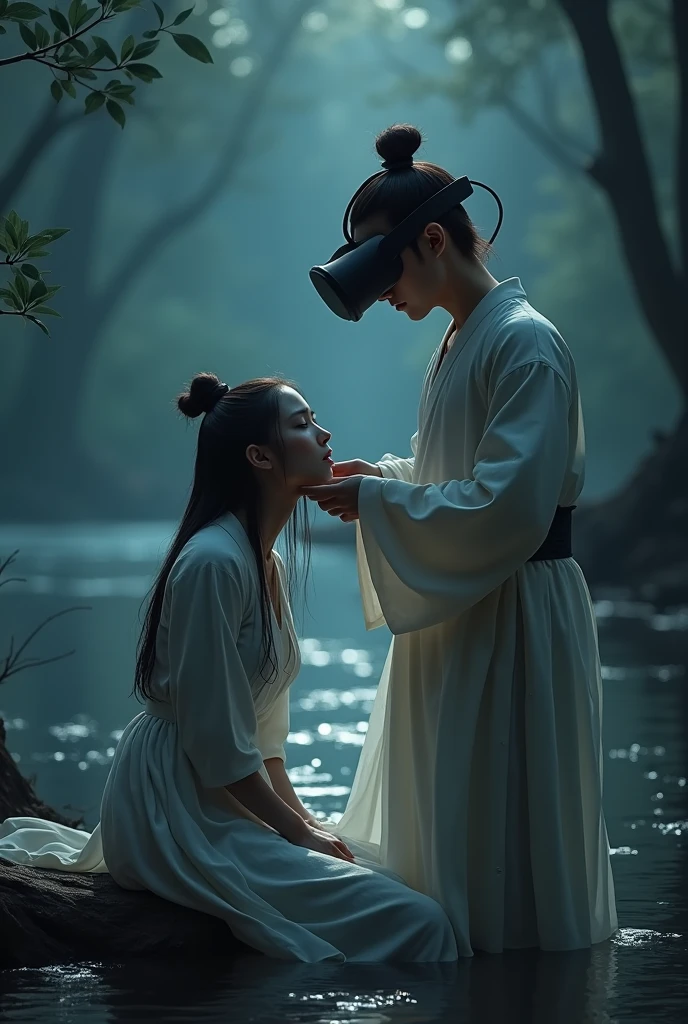 Virtual reality ,Create a young woman in a white dress with a tired face, sitting and panting by the riverside in the forest at night., A young man stopped in front of her. The young man was wearing white clothes from the ancient Tang Dynasty of China. ,The atmosphere was dark with only the light of the moon shining through.,The wet clothes made the beautiful figure of the young woman visible. The young man stood in front of her with his hands on her shoulders and pulled off the young woman&#39;s clothes that were piled on the floor. He saw her plump, full, and beautifully erect body, looking 18+ with his face buried in the man&#39;s belly who was not wearing any clothes.
