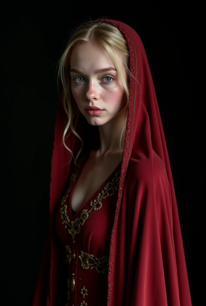 Photorealism、(black background!!!!!), Highest quality、Ultra-high resolution、The most beautiful lord of the rings young!!!!! 18!!!! year old arwen、(very extremely!!!!!! beautiful!!!!!!! highly detailed 18!!!!!!! year old young face)、medium size Breasts、thin .(Translucent white!!!!! skin!!!!!). german!!!!!, Big bright blue eyes. brown hair. (frontal shot!!!!!), (she is looking down!!!!), (body half in shadow!!!!!!). ( beautiful detailed elf dark!!!!!_red!!!!! gown!!!!! with golden details). (beautiful detailed dark!!!!!_red!!!! veil!!!!!! over head with golden details and lots of folds!!!), (bright topdown!!!!!! light!!!!!), (dark shades!!!!!!), contrapposto!!!!!!!!!!!!!!!!!, (receding into the dark!!!!!!!!!!!!)