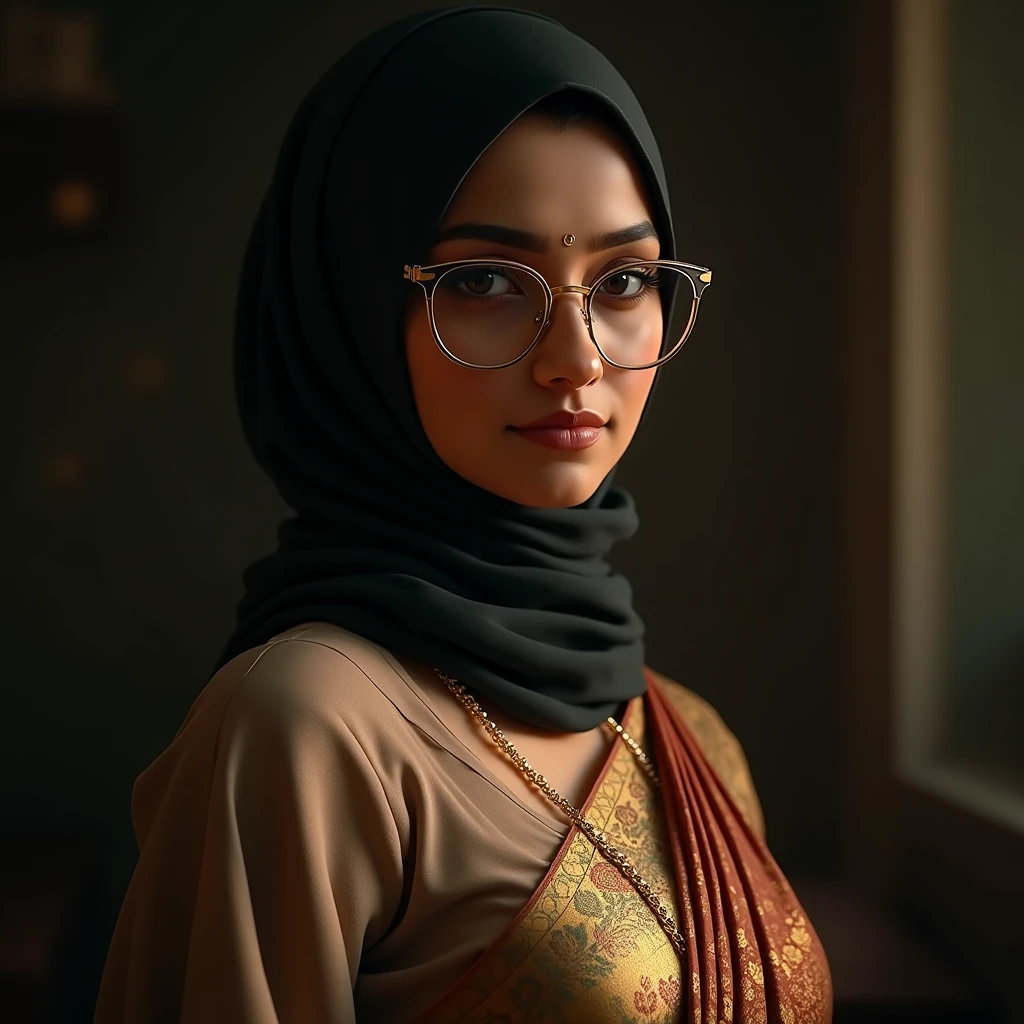 a beautiful young indian woman, detailed intricate saree, thin gold waist chain, large breasts, wearing hijab covering her head, glasses, hyper realistic, cinematic lighting, dramatic shadows, award winning digital art