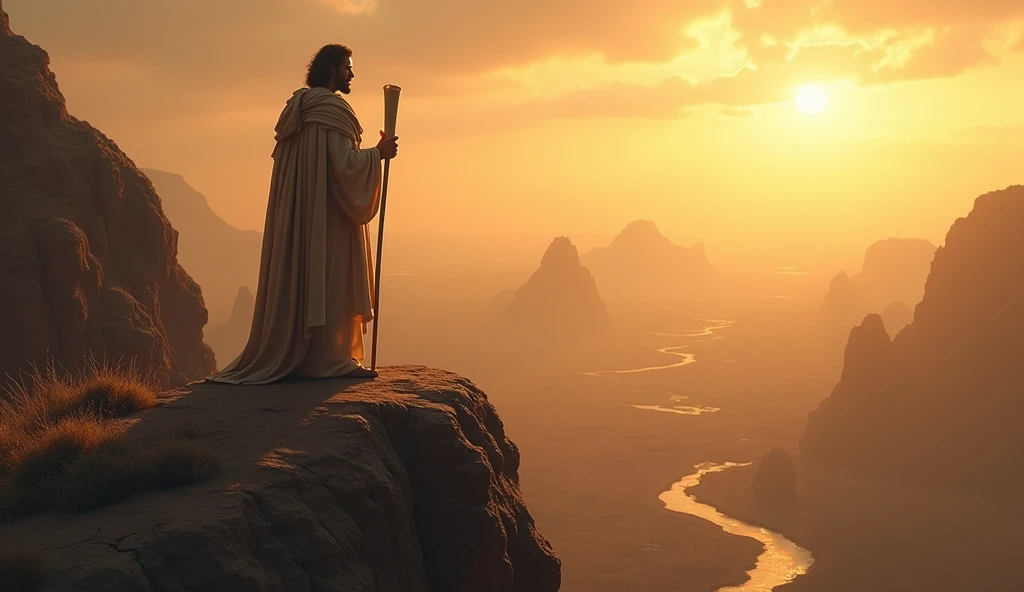 Create a hyper-realistic and mysterious image of Solomon from biblical times in typical clothing of the time on a mountain, where he is observing the horizon that stretches across several kingdoms. Each kingdom represents a different type of investment: agriculture, Maritime trade, Mining, and culture. He is standing, holding a golden staff and a rolled up parchment, symbolizing control and strategic vision over various areas of prosperity. The golden light of sunset should create long, deep shadows, highlighting the vastness of the kingdom and the diversity of investments Solomon oversees to ensure a secure future.