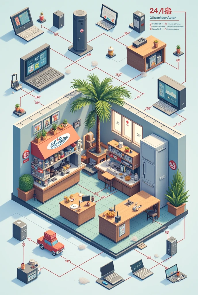 Bom Lanches snack bar

### **Sheet 1: Establishment Plan**

**Dimensions:** 10 cm x 12 cm (scale 1:100)

**Operational Rooms:**
1. **kitchen**
2. **Frying Area**
3. **Beverage Area**
4. **service desk**
5. **Living room (Hall)**
6. **Toilets (male and female)**
7. **Deposit/Rapier**
8. **desk**

### **Sheet 2: Network - Network Mesh Distribution Scheme**

**1. Topology:** Star with central switch
**cabling:** Cabo CAT6
**internet:** Fiber optic 200 Mbps
**Central Equipment:** 24-Port Managed Switch

**Equipment Distribution:**

- **desk:** Central Server, Administrative Computer, Multifunctional Printer - **service desk:** POS Terminals, Tax Receipt Printers - **kitchen:** Computador de kitchen, Order Display Screen - **Deposit/Rapier:** Computador de Controle de Rapier
- **Living room (Hall):** Wi-Fi Access Point - **Toilets:** No network devices

**Security and Backup:**
- **Firewall:** Integrated into the router - **Managed Switch:** VLANs for segmentation - **Backup:** Automatic system on the server

**Network Management:**
- **Monitoring Software:** For performance and reporting - **Preventive Maintenance:** Scheduled
