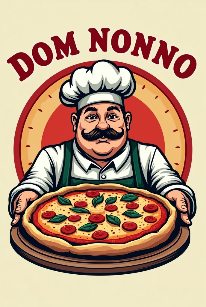 Create a logo for a pizzeria that serves classic Italian pizzas called Dom Nonno. Contains a stylized drawing of an overweight Italian man with a mustache and a chef&#39;s cap, along with a stylized image of a classic Italian Neapolitan pizza with slow and natural fermentation.. A logo that mixes classic colors but uses colors that make you hungry with some space to put your WhatsApp number for orders