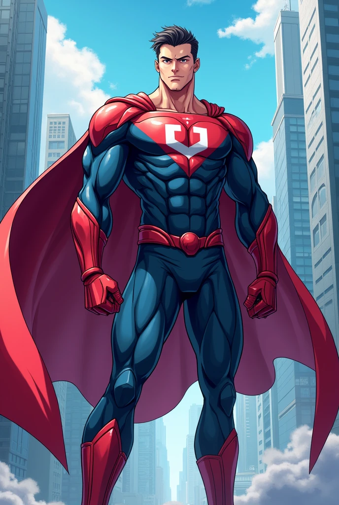 Create for me a hero with a blue and red uniform anime man with a cape put a u symbol on his chest