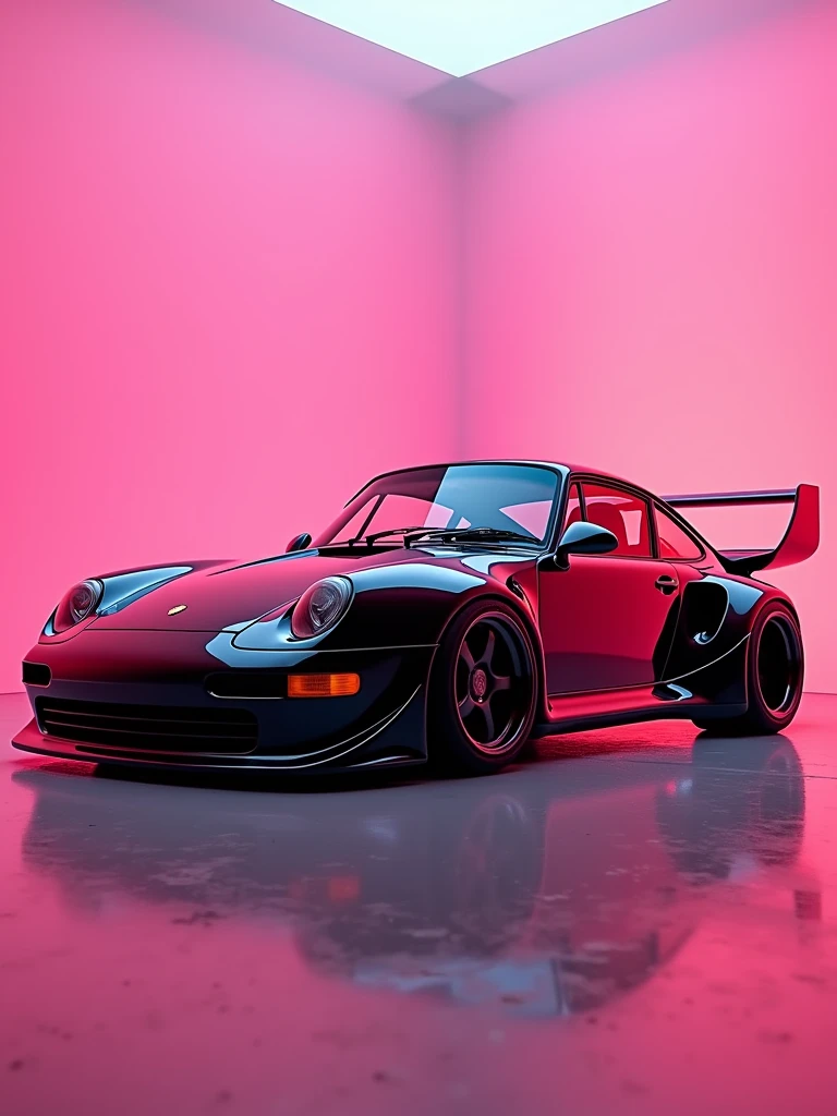 Capturing the sleek elegance of the black Porsche 993 Turbo Widebody kit designed by RWB against a futuristic pink backdrop - every detail meticulously showcased., poster, photo, 3d render, portrait photography