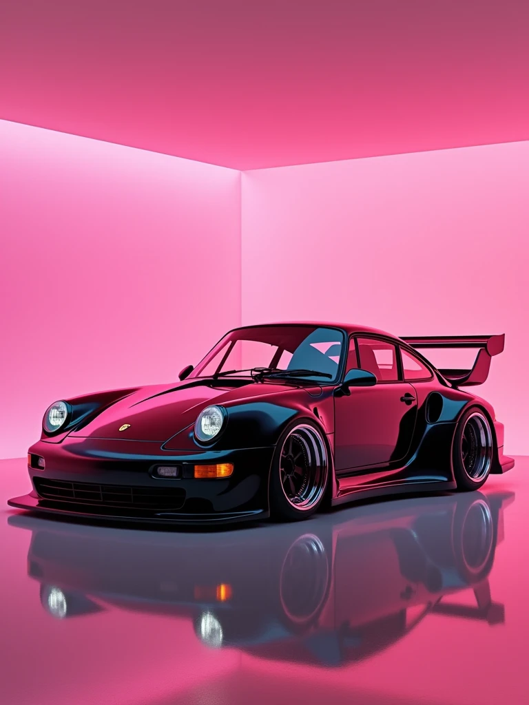 Capturing the sleek elegance of the black Porsche 993 Turbo Widebody kit designed by RWB against a futuristic pink backdrop - every detail meticulously showcased., poster, photo, 3d render, portrait photography