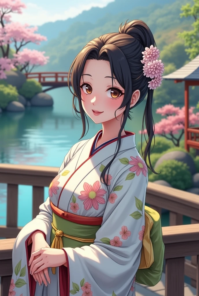 (masterpiece、Highest quality、8k、High resolution)、Traditional Japanese beauty in kimono、The best girl in anime、Floral pattern on white background、Vibrant colors、Japanese garden、There is a pond、Colorful flowers、Vibrant colors、Cherry Blossom、There is a drum bridge、A complete portrayal、Detailed anime art、