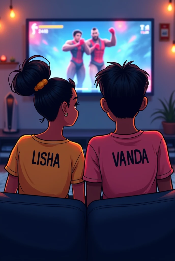 A teen couple aged 19, sitting together on a black couch, playing mortal Kombat 11,both dark skinned , cartoon style, casting on the tv,a ps5 next to the tv,on the back shirt of the girl written Lisha,on the shirt of the boy written vanda,