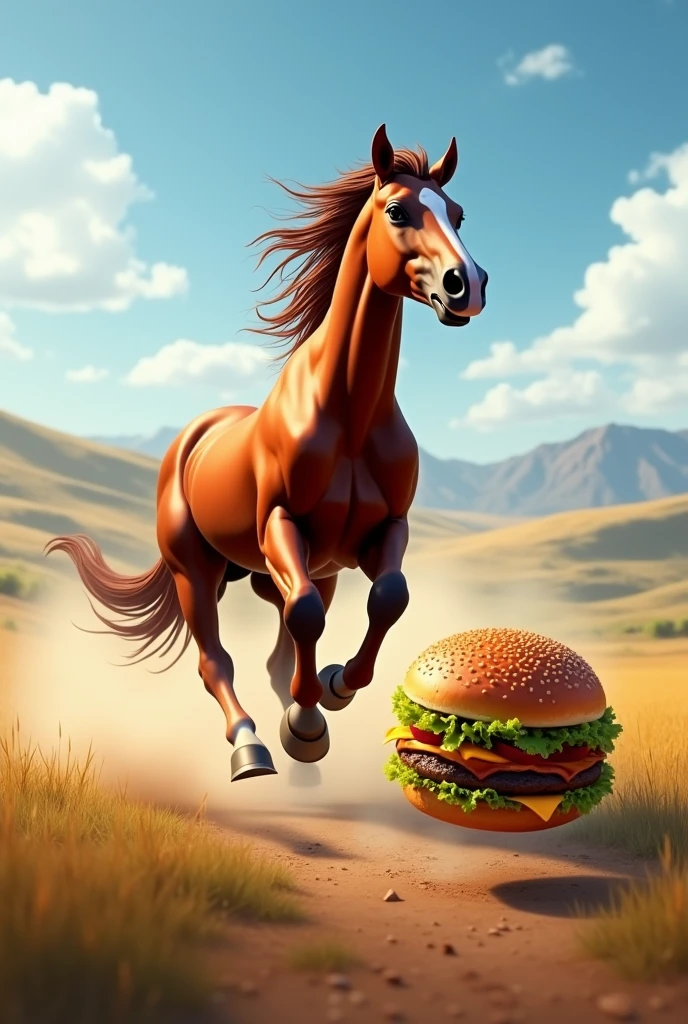 Horse running after a burger