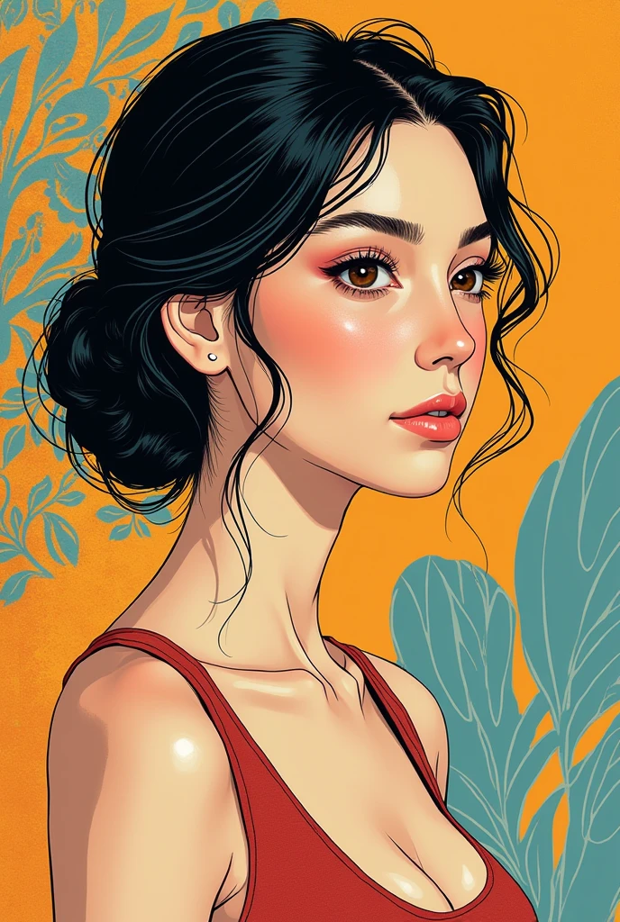 Illustration, upper body, 20 year old woman, front, face, look, two random colors, three boundaries, contour, edge lines, pattern background, original, masterpiece