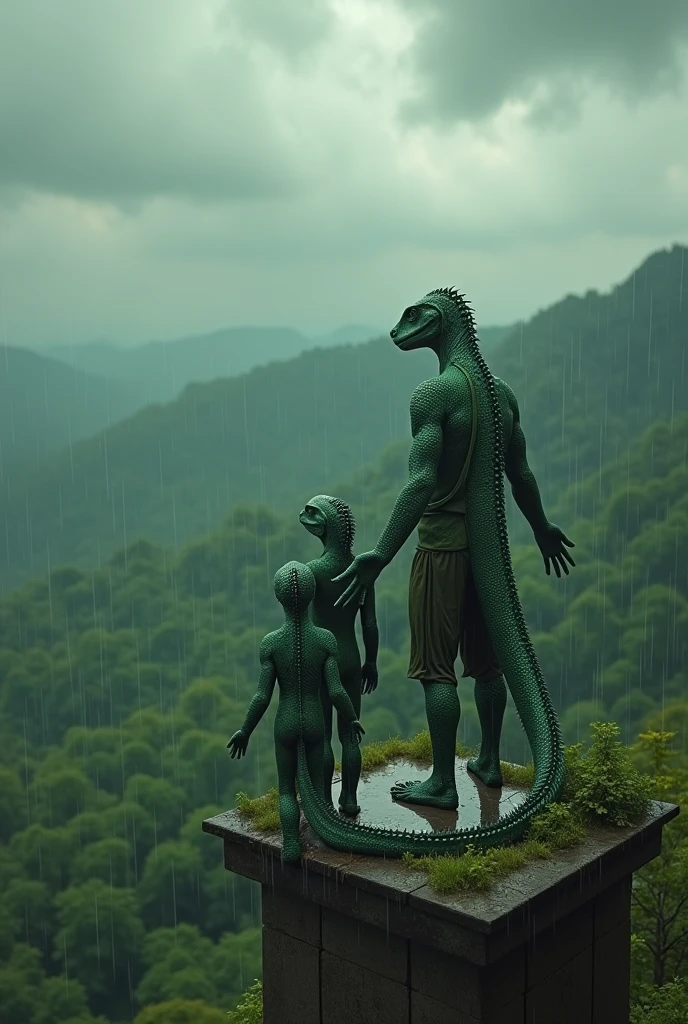A reptilian man and son and his sensual reptilian woman with dark green scales on top of the building. She observes a huge forest from afar , and they are with their arms outstretched high feeling the rain