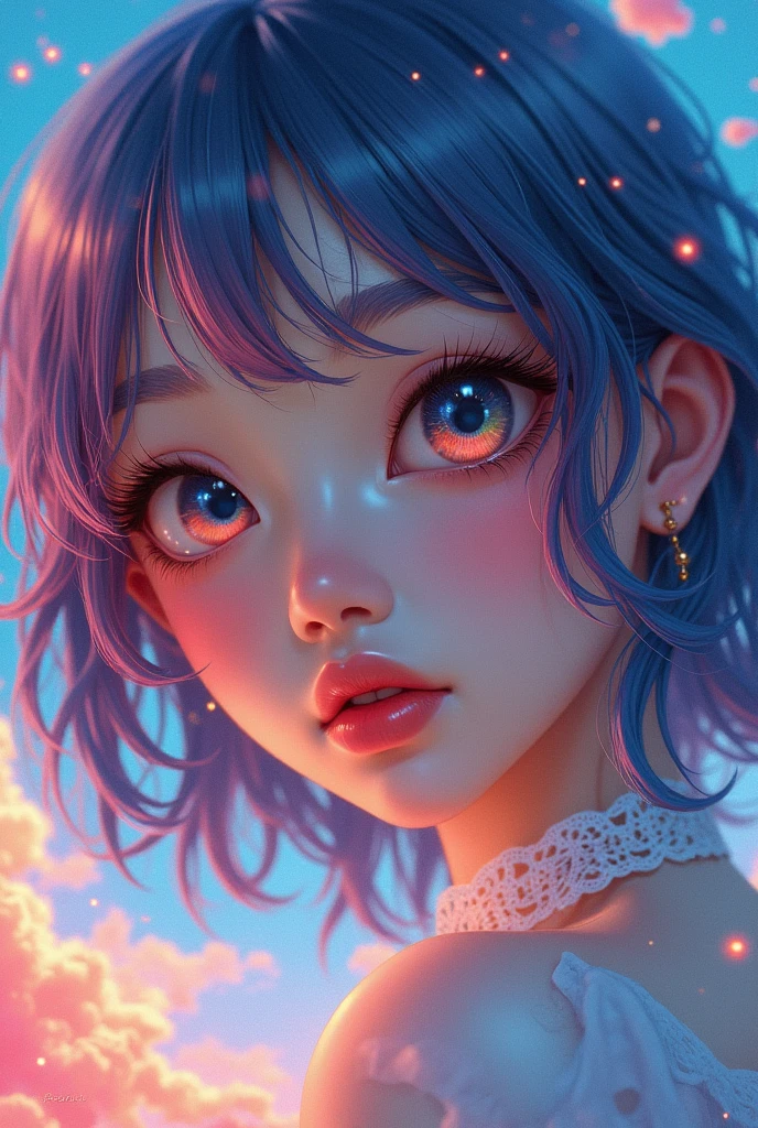 (Japanese girl:1.3), beautiful detailed eyes, beautiful detailed lips, extremely detailed eyes and face, long eyelashes, upper body, from side, looking at viewer, (fractal art:1.3), (rainbow color hair, colorful hair, half blue and half pink hair:1.2), water, liquid, cloud, colorful, starry, stars, (best quality, 4k, 8k, highres, masterpiece:1.2), ultra-detailed, (realistic, photorealistic, photo-realistic:1.37), vibrant colors, studio lighting, extremely detailed description, professional, concept art, surreal, 1920s french vibe, 