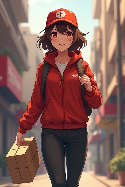 One light cargo delivery person, High resolution, smile, Shortcuts, Brown Hair, Red eyes, 