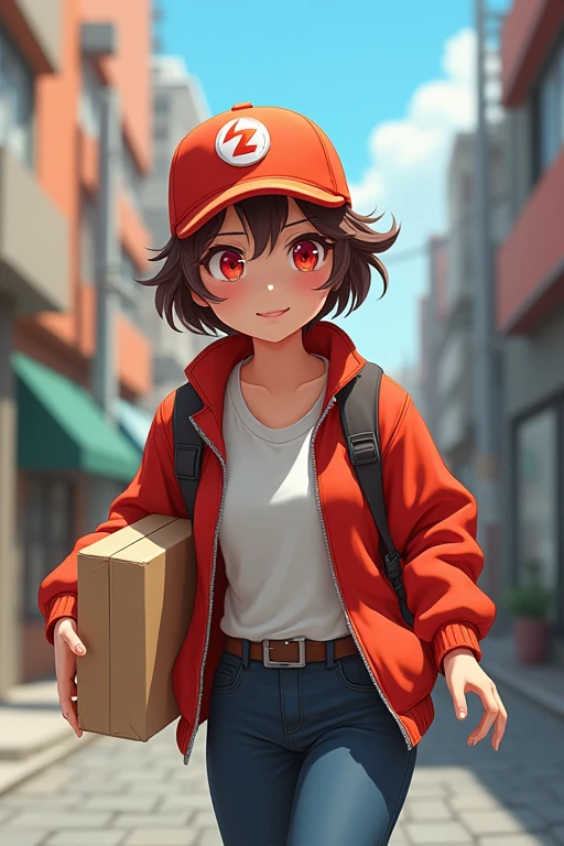 One light cargo delivery person, High resolution, smile, Shortcuts, Brown Hair, Red eyes,