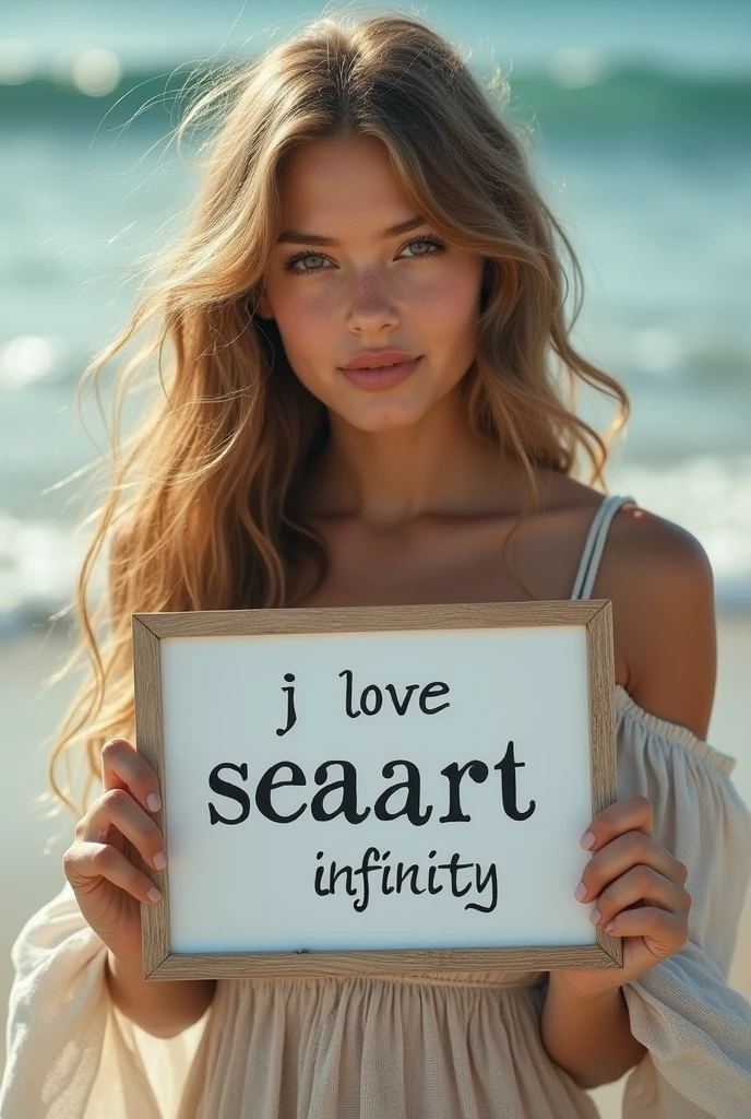 Beautiful girl with wavy long hair, bohemian dress, holding a white board with text "I Love Seaart Infinity" and showing it to the viewer