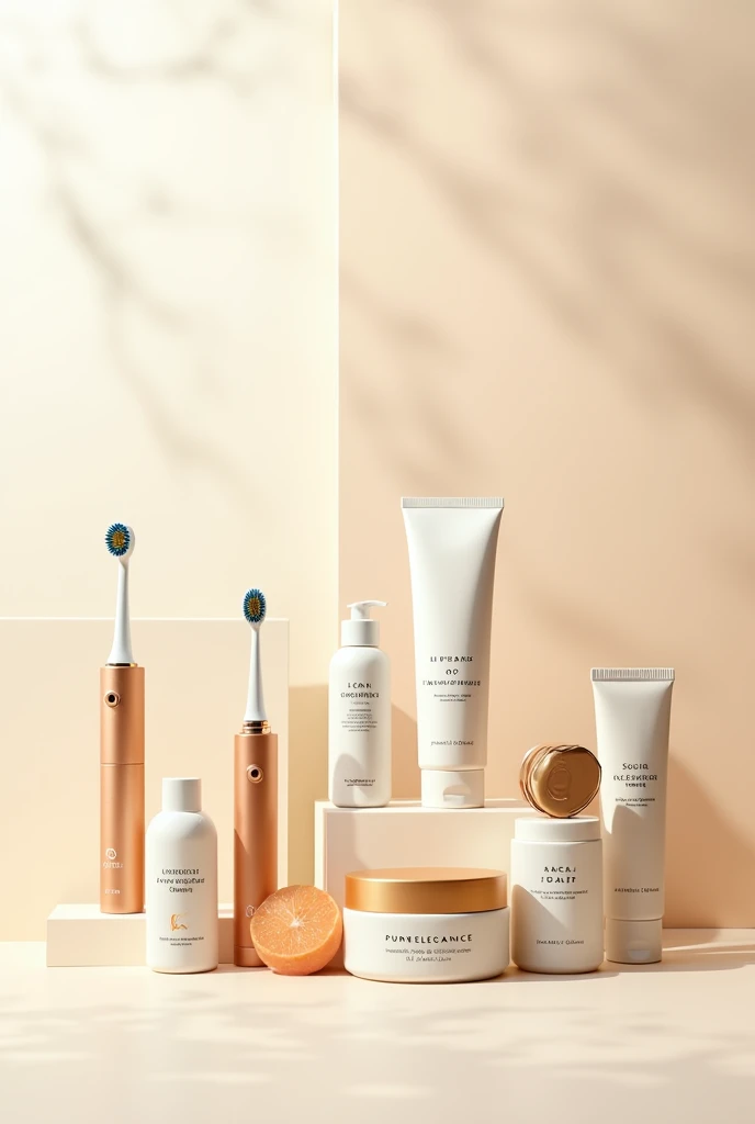 Create an elegant and sophisticated banner for an online store called 'PureElegance', featuring a diverse range of personal care products, including electric toothbrushes, facial cleansers, sunscreens, and soaps. Use a luxurious color palette of soft ivory, muted gold, and gentle taupe to convey a sense of refinement and quality. Display high-resolution images of the products in a clean, organized layout with subtle shadows and highlights to enhance their premium appearance. Include refined, bold typography with the message 'Indulge in Pure Luxury' and a call-to-action button that says 'Shop Now' in a coordinating gold hue. The design should exude elegance, modernity, and high-end appeal, aimed at attracting discerning customers looking for premium personal care items."