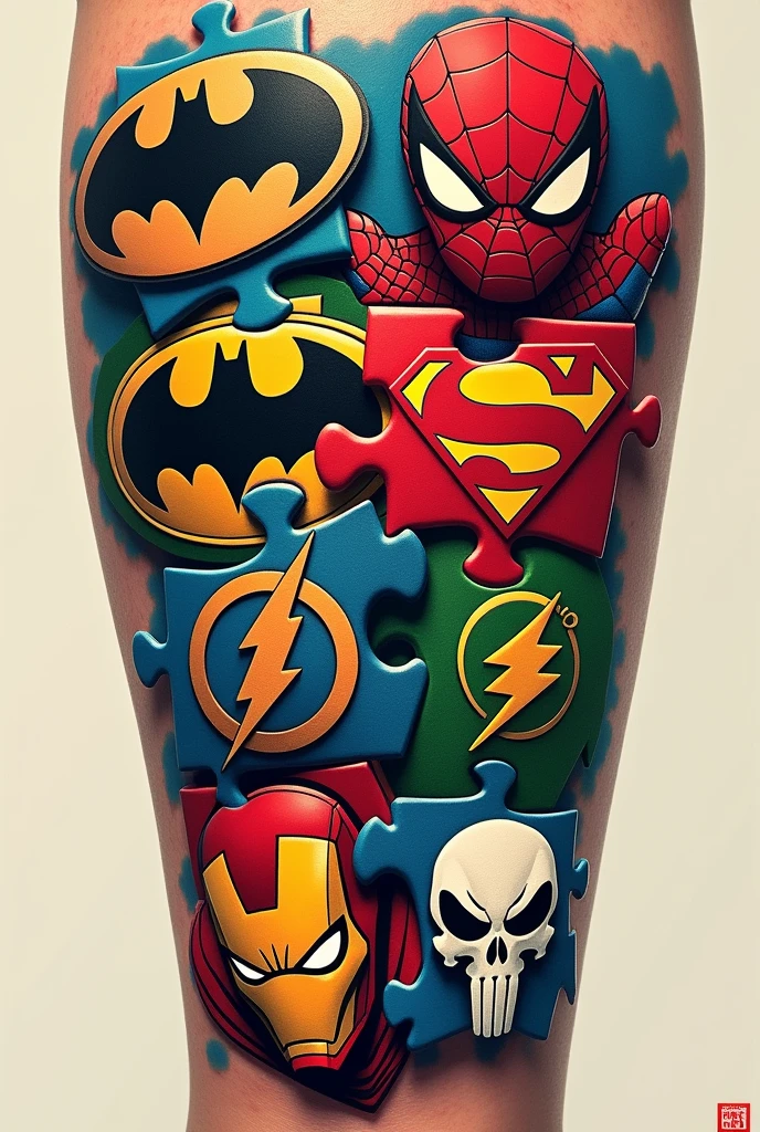 Create a cartoon image, for a forearm tattoo, measuring 10cm wide and 30cm long, with the following characteristics: a puzzle, where each piece is a symbol of a Marvel or DC hero. Place Batman symbols, Spider man, captain America, Superman, green lantern, flash, Homem de ferro, Venom, Punisher 