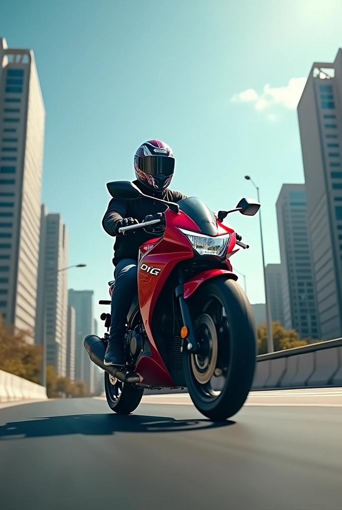 image of a biker at a low, diagonal angle, riding a red Honda CG 160 Titan motorcycle. in the background, city buildings and a blue sky. The motorcyclist wears a full-face helmet with a low visor.