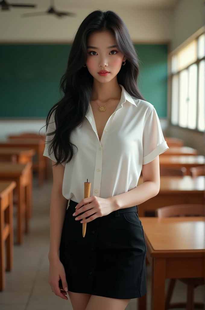 Beautiful Thai girl with smooth skin, black hair, dark brown eyes, gold pendant (medium chest), wearing Thai teacher's outfit, white short-sleeved shirt, black short skirt, slim fit, holding a small wooden stick in her hand, standing and posing in the classroom, background is a classroom, student desks and chairs, the most realistic image.