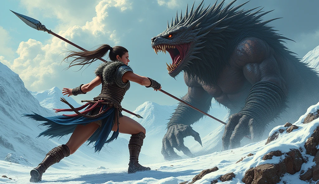 viking anime woman with a spear stabbed through her abdomen fighting a monster