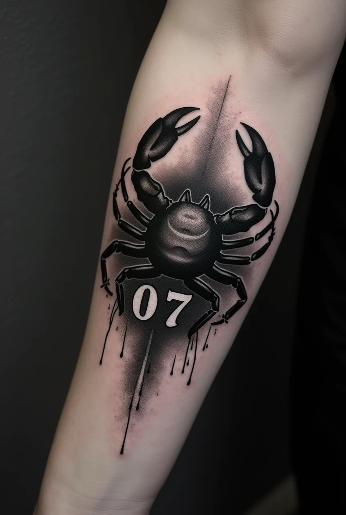 Black tattoo date 07 - 07 + cancer zodiac symbol
