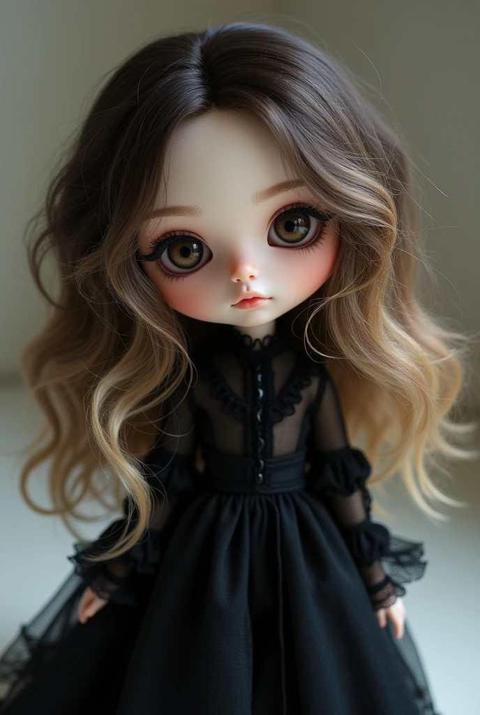 Make me a pale blythe doll, with medium wavy dark brown hair with lots of blonde strands in front, dark brown eyes, black eye shadow, black outline, and black clothes