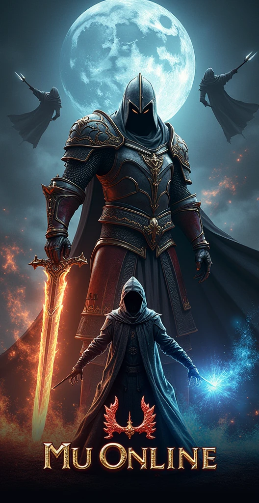 Design a promotional flyer inspired by the MMORPG Mu Online. The flyer must have a medieval-fantasy style, with a dark background and bright elements that highlight the action and magic of the game. Includes images of iconic characters, like a Dark Knight in heavy armor and a Dark Wizard casting spells. The text should highlight the name 'Mu Online' in an attractive gothic font, along with phrases like 'Join the battle' and 'Explore magical worlds'. Make sure the design is eye-catching and conveys the epic and mystical essence of the game, with well-integrated details and a visual balance that captures the attention of players
