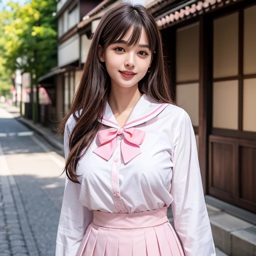 laughing out loud,pink collar,Wear student sailor uniform, The sailor uniform is a white shirt, pink bow tie and pink navy collar.,pink collar子,Pink pleated skirt,Pink navy collar,(knee shot), 1 girl, On the face, light brown hair, blunt bangs, hair behind ears, Hair over the shoulders, long hair, Slender body type, Super thin face, face slimming, delicate lips, beautiful eyes, Thin blush, Eyes are light brown,Check it out here, (realistic:1.3), Standing next to a Japanese street, 8k, , Super detailed, high quality, best quality, High resolution, ,Large Breasts,H CUP,
