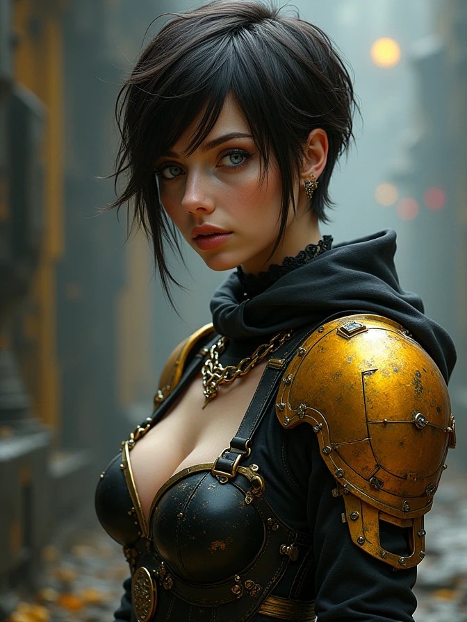 one Beautiful woman. Dark brown hair, pixie haircut. blue eyes. daring outfit. goth tomboy. maidenly charm. space rogue assassin. Knightly cyber armor. golden accessories. Dark sci-fi. Warhammer 40k. Dieselpunk. baroque oil painting.