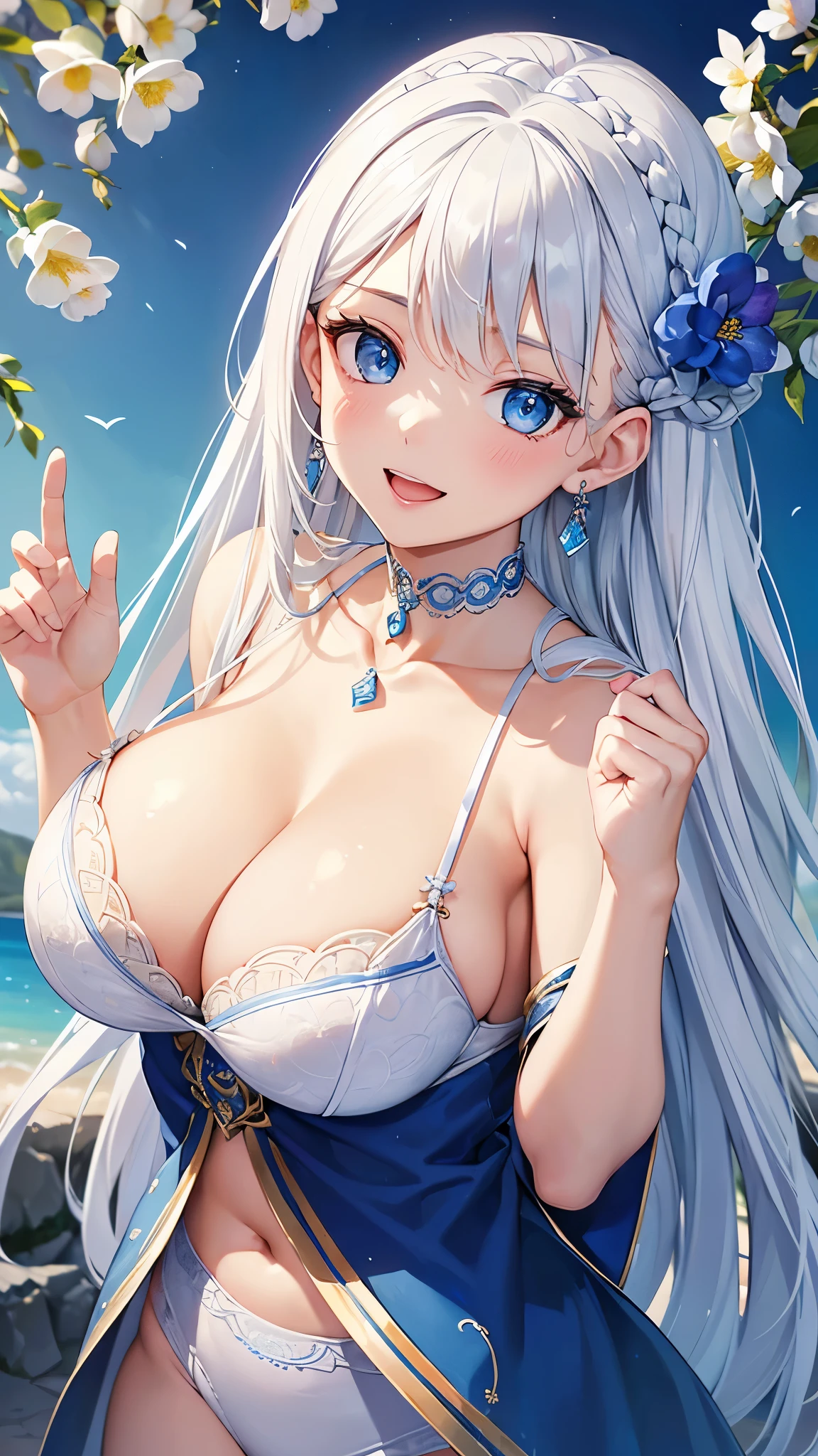 Highest quality、Highest quality、masterpiece、(8k resolution),beauty(Age 25)、(Mature Appearance)、Long white hair(Braiding of the sides)、blue eyes、(White underwear with detailed embroidery、bra)、Big cleavage、((Super big breasts))、smile、blue necklace、Blue Earrings、background(flower)、Please open your mouth wide、Dynamic pose、Blue choker、