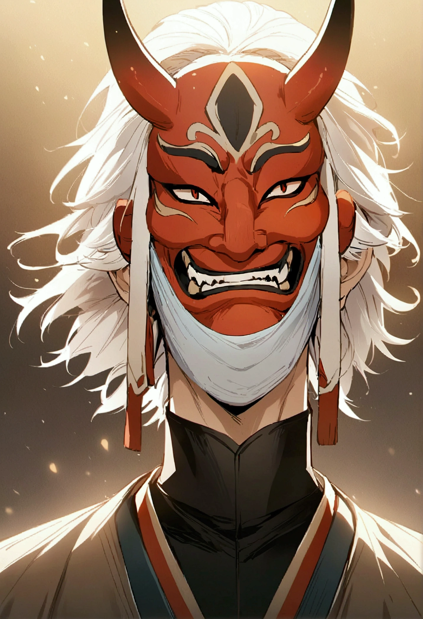 anime male, masculine, 1 guy, fox ears, white hair, mit einer ONI-Maske, masterpiece, illustration, chinsese traditional style, face covered, masked, oni mask