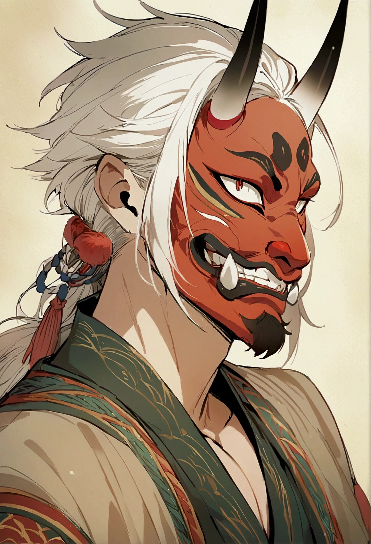 anime male, masculine, 1 guy, fox ears, white hair, mit einer ONI-Maske, masterpiece, illustration, chinsese traditional style, face covered, masked, oni mask