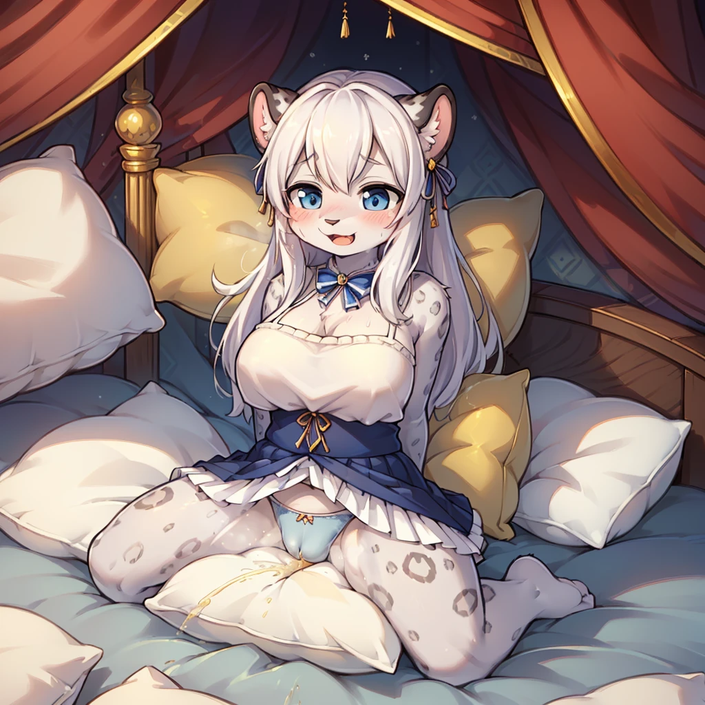 (masterpiece,best quality),mine, The Beast, , (Light and shadow suitable for any Pillow background)), A cute girl wearing a tank top poses on a pillow.,,Cheerleading,nature,, (blush),a smile,Pillow,(Lots of Pillow),Soft cushion,(canopy bed),(Pillow),Lots of Pillow,(Friction in the crotch),((Pillow Hump)),(A tail),(Around the protagonist),steam,(Pillow),(Luxury Pillow),(Palace Pillow Pattern Pillow),(palace),(Palace bedroom),(Gorgeous Pattern Pillow),Soft Pillow,,(Classical European style bedroom ),(excited,shy person,Lack of expressiveness,),pillow hump,,(Deluxe Rococo Canopy King Bed),Luxurious curtains with ornate ruffles and ribbons hang around the large bed.,((((The bed is piled with many Pillows)))),Quilt details,Detailed bed linen,Ruffled Bed Skirt,Deep Bed,Background with depth,((Pillow in detail)), ((((A Lot of Pillow)))),,,Detailed Soft Pillow,,((女孩正躺在许多Soft Pillow上,There are many Pillows around)),、、In a large canopy bed、Soft sheets and quilts、Colorful soft Pillow、Lots of Pillow、Soft toned bed、Ruffled curtains around the bed.。Delicate face,(Gorgeous pattern pillow),Soft pillows,,(Classical European style bedroom ),(Excited face,Opened his mouth,Shy,),,MASTURBATING WITH PILLOW,,White socks,Camel toe,Snow Leopard Girl,,Long hair,Gray and white leopard ears,Gray and white leopard tail,Black leopard print,Off-white leopard fur,White shirt,,Dark blue mini skirt,Facial pattern,,Sweaty,Leopard print fur,Leopard print skin,,No socks,peeing,peeing on pillow,urine,urine stained on pillow