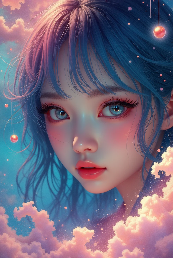 (Japanese girl:1.3), beautiful detailed eyes, beautiful detailed lips, extremely detailed eyes and face, long eyelashes, upper body, from side, looking at viewer, (fractal art:1.3), (rainbow color hair, colorful hair, half blue and half pink hair:1.2), water, liquid, cloud, colorful, starry, stars, (best quality, 4k, 8k, highres, masterpiece:1.2), ultra-detailed, (realistic, photorealistic, photo-realistic:1.37), vibrant colors, studio lighting, extremely detailed description, professional, concept art, surreal, 1920s french vibe, 