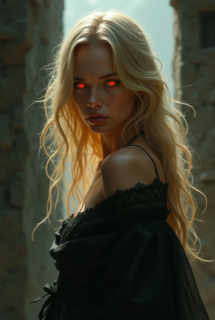 Blonde with red eyes and tan skin female 
