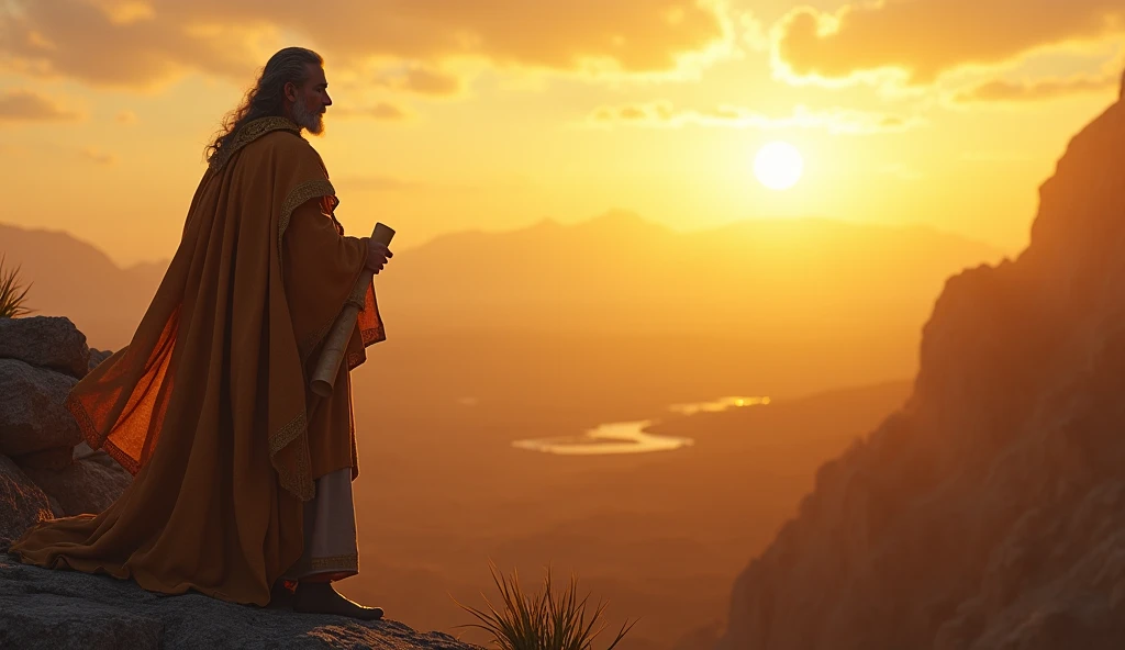 Create a hyper-realistic and mysterious image of Solomon from biblical times in typical clothing of the time on a mountain, where he is observing the horizon that stretches across several kingdoms. Each kingdom represents a different type of investment: agriculture, Maritime trade, Mining, and culture. He is standing, holding a rolled up parchment, symbolizing control and strategic vision over various areas of prosperity. The golden light of sunset should create long, deep shadows, highlighting the vastness of the kingdom and the diversity of investments Solomon oversees to ensure a secure future.