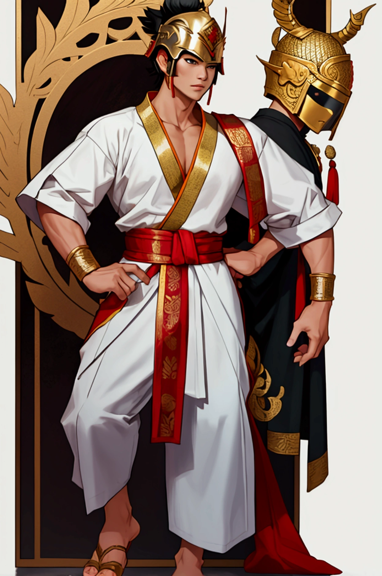 man,Wearing Thai warrior costume,Wear white.,bow,short hair, shoe ,Wearing a Thai war helmet,