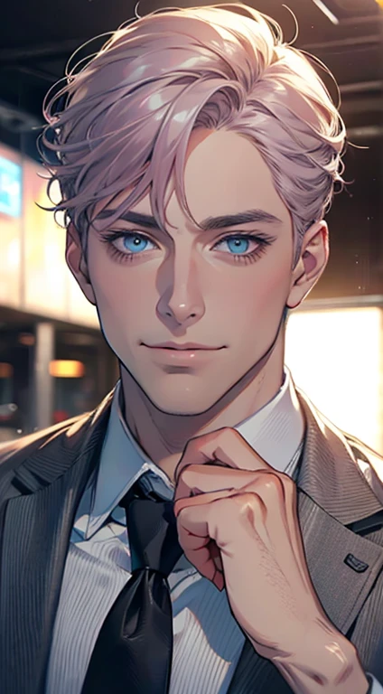 (Highest quality,4K,8K,High resolution,masterpiece:1.2),Super detailed,(Realistic,photoRealistic,photo-Realistic:1.37),1 personld,Mature Men,Beautiful skin、very handsome,Expressionless,smile,Short gray pink hair,blue eyes,Sharp Eyes,A perfect face without a doubt,Businessman,Office Background,Cinema Lighting,HDR image,tie、