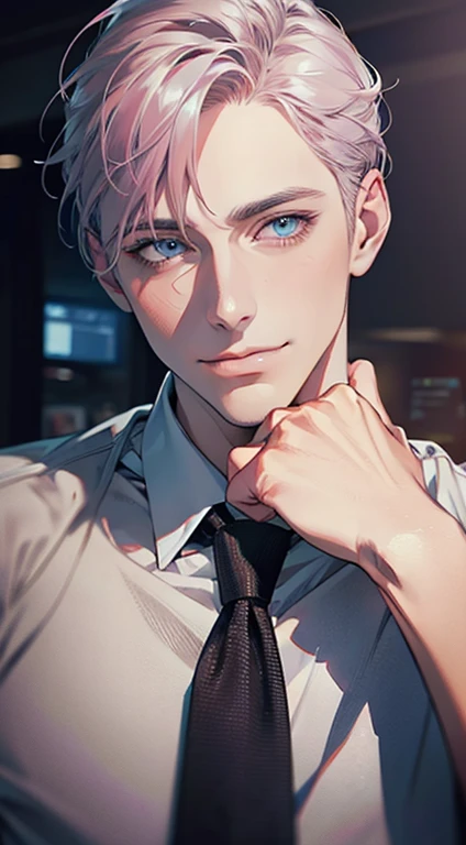 (Highest quality,4K,8K,High resolution,masterpiece:1.2),Super detailed,(Realistic,photoRealistic,photo-Realistic:1.37),1 personld,Mature Men,Beautiful skin、very handsome,Expressionless,smile,Short gray pink hair,blue eyes,Sharp Eyes,A perfect face without a doubt,Businessman,Office Background,Cinema Lighting,HDR image,tie、