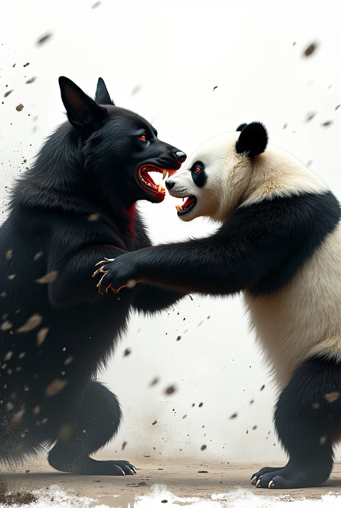 Black dog white panda slap to dog 

fight dengerous seen and dog eyes red background white 