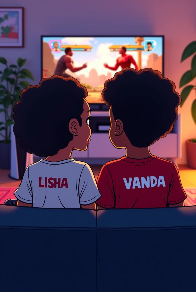 A couple aged 19, sitting together on a black couch, playing mortal Kombat 11,both dark skinned , cartoon style, casting on the tv,a ps5 next to the tv,on the back shirt of the girl written Lisha,on the shirt of the boy written vanda,
