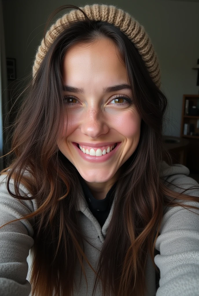 A woman resembling Scarlett Johansson, smiling, wearing a black dress and long dark hair, looks directly into the camera. She has just woken up disheveled, taking a selfie, wearing winter clothes, a wool hat and scarf.