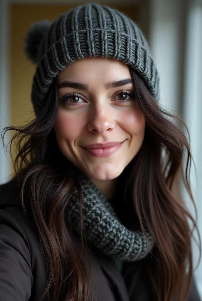 A woman resembling Scarlett Johansson, smiling, wearing a black dress and long dark hair, looks directly into the camera. She has just woken up disheveled, taking a selfie, wearing winter clothes, a wool hat and scarf.