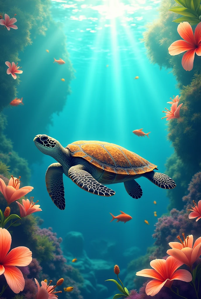 Combination of turtle, ocean, frangipani and hibiscus