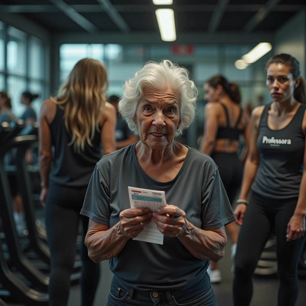 Inside a bustling and overcrowded gym predominantly filled with women, the scene is saturated with activity, as high-end weight machines and state-of-the-art exercise equipment fill every corner of the background. In the foreground, captured with exceptional clarity, stands an elderly Brazilian woman, 6, holding a small workout sheet, the size of a card, in her trembling hand. Her expression is one of deep desolation and abandonment, her face marked by the wrinkles of frustration and confusion as she struggles to understand the exercise instructions. Despite her visible need for assistance, she is completely unattended, a figure of sorrow lost in the sea of activity. The gym is filled to capacity, with every machine in use, creating an intense atmosphere. In the background, slightly out of focus but clearly visible, the young gym instructor—a 24-year-old Black woman wearing a fitted black t-shirt with ‘PROFESSORA’ emblazoned across her chest—is overwhelmed. She is surrounded and practically cornered by a large group of female students, all of whom are visibly frustrated and dissatisfied, their expressions clearly showing their irritation and disappointment due to the lack of attention. The instructor’s inability to help the elderly woman, overburdened as she is by the overwhelming demands of the other students, leaves the elderly woman feeling completely neglected and alone. This emotionally charged scene is set within a weight training gym, equipped with the finest machines designed primarily for women. The image should be captured with a Canon EOS R5 camera using the renowned RF 50mm f/1.2L lens, celebrated for its sharpness and depth of field. The lighting should be enhanced with a PolarPro QuartzLine ND filter to smooth out contrasts and maintain balanced exposure, while a Tiffen Glimmerglass filter adds a subtle glow that softens the harshness, lending a warm, natural feel. The final image must evoke the intense emotions of abandonment and frustratio