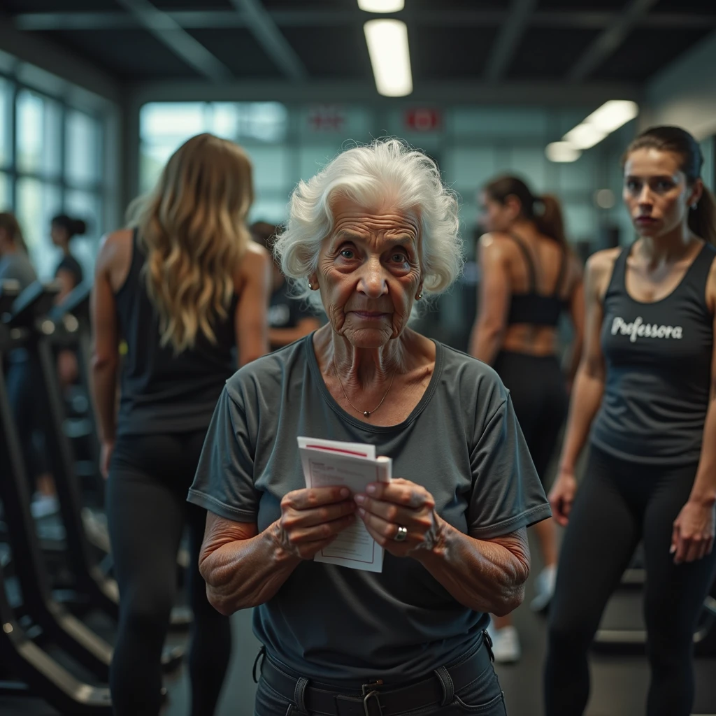 Inside a bustling and overcrowded gym predominantly filled with women, the scene is saturated with activity, as high-end weight machines and state-of-the-art exercise equipment fill every corner of the background. In the foreground, captured with exceptional clarity, stands an elderly Brazilian woman, 6, holding a small workout sheet, the size of a card, in her trembling hand. Her expression is one of deep desolation and abandonment, her face marked by the wrinkles of frustration and confusion as she struggles to understand the exercise instructions. Despite her visible need for assistance, she is completely unattended, a figure of sorrow lost in the sea of activity. The gym is filled to capacity, with every machine in use, creating an intense atmosphere. In the background, slightly out of focus but clearly visible, the young gym instructor—a 24-year-old Black woman wearing a fitted black t-shirt with ‘PROFESSORA’ emblazoned across her chest—is overwhelmed. She is surrounded and practically cornered by a large group of female students, all of whom are visibly frustrated and dissatisfied, their expressions clearly showing their irritation and disappointment due to the lack of attention. The instructor’s inability to help the elderly woman, overburdened as she is by the overwhelming demands of the other students, leaves the elderly woman feeling completely neglected and alone. This emotionally charged scene is set within a weight training gym, equipped with the finest machines designed primarily for women. The image should be captured with a Canon EOS R5 camera using the renowned RF 50mm f/1.2L lens, celebrated for its sharpness and depth of field. The lighting should be enhanced with a PolarPro QuartzLine ND filter to smooth out contrasts and maintain balanced exposure, while a Tiffen Glimmerglass filter adds a subtle glow that softens the harshness, lending a warm, natural feel. The final image must evoke the intense emotions of abandonment and frustratio