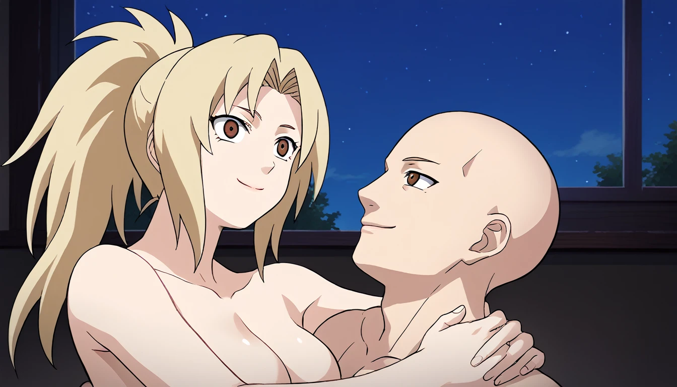 BREAK, source_anime,
upper body, ung girl, senju tsunade, anime_source, long hair, younger girl, child, blonde hair, brown eyes, parted bangs, ponytail, shiny hair, smaller girl, naked, konohagakure protector, beautiful legs, beautiful body, naked, konohagakure background, smile, BREAK 1boy, white skin, netorare, taking a selfie, hug, taller male, bigger male, adult male, bald male, bald boy. window, night time,