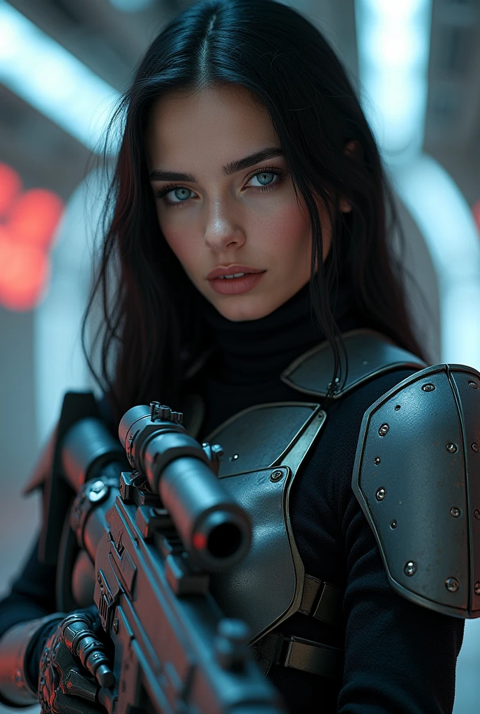 high quality, 8K Ultra HD, beautiful Caucasian woman, black hair, silver eyes, futuristic mandalorian, multicam clothing, pulse rifle, wearing helmet,