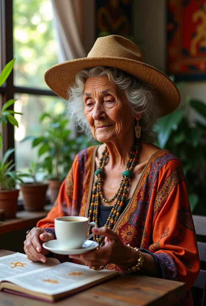 67 year old Mexican lady, hippie/ bohemia. Read the horoscope and drink coffee